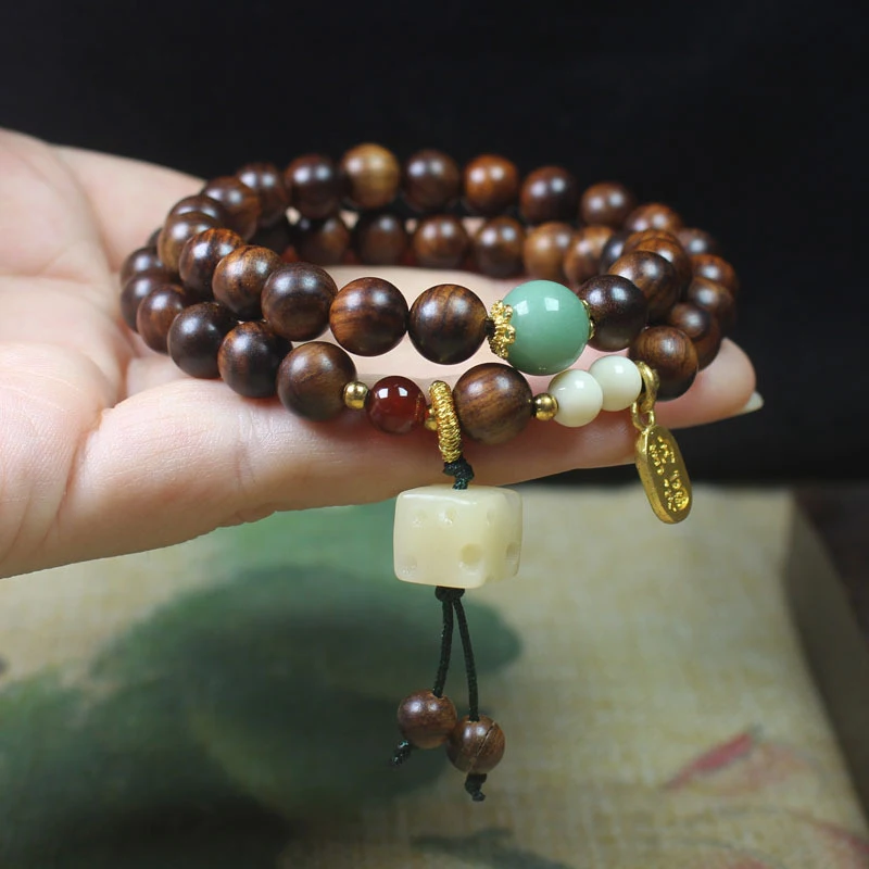 Black rosewood 8mm double-loop bracelet with cheese pendant, vintage style unisex Buddhist prayer beads, couple's jewelry
