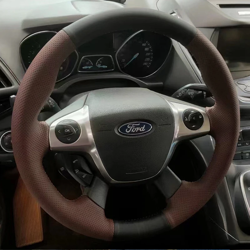 

Сшитый вручную чехол на руль автомобиля для Ford Focus 3 2012-2014 C-MAX 2011-2014 KUGA Escape 2013-2016, кожаная оплетка из микрофибры