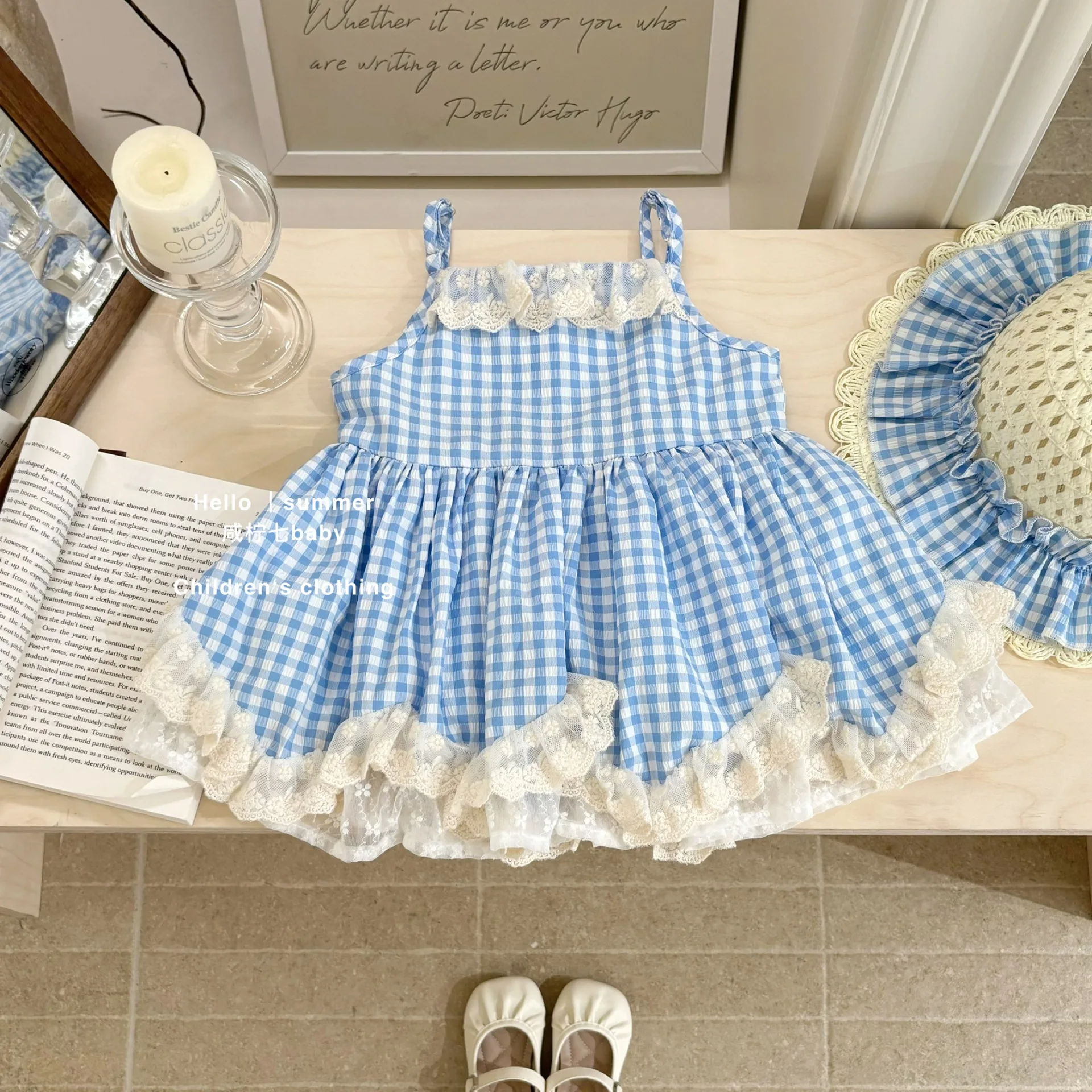 

Girls Dress 2025 Summer New Children's Plaid Suspender Skirt Lace Skirt Fashion Casual