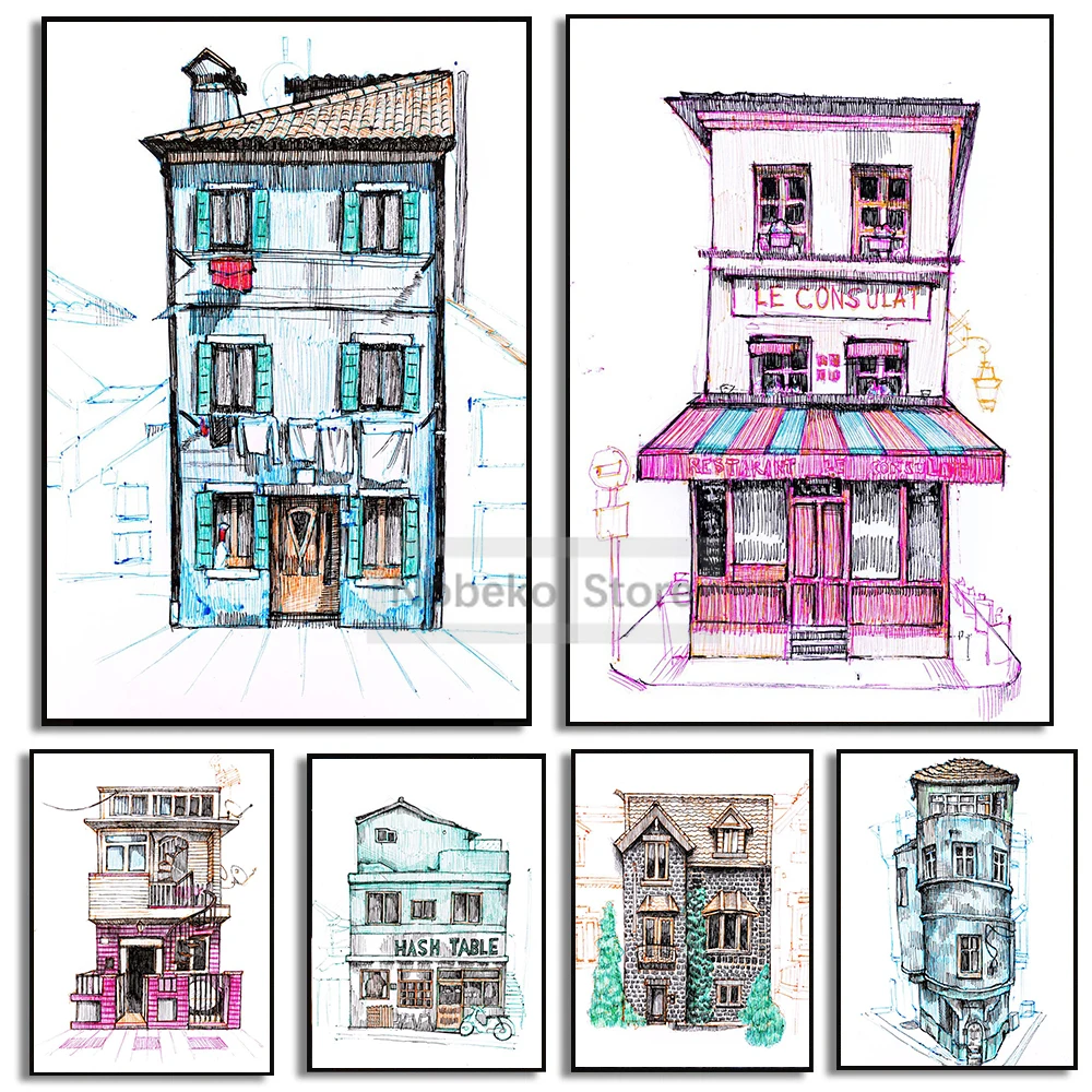 Colorful House Drawing Posters Minimalism House Ballpoint Pen Prints Canvas Painting Wall Art Pictures Home Room Modern Decor