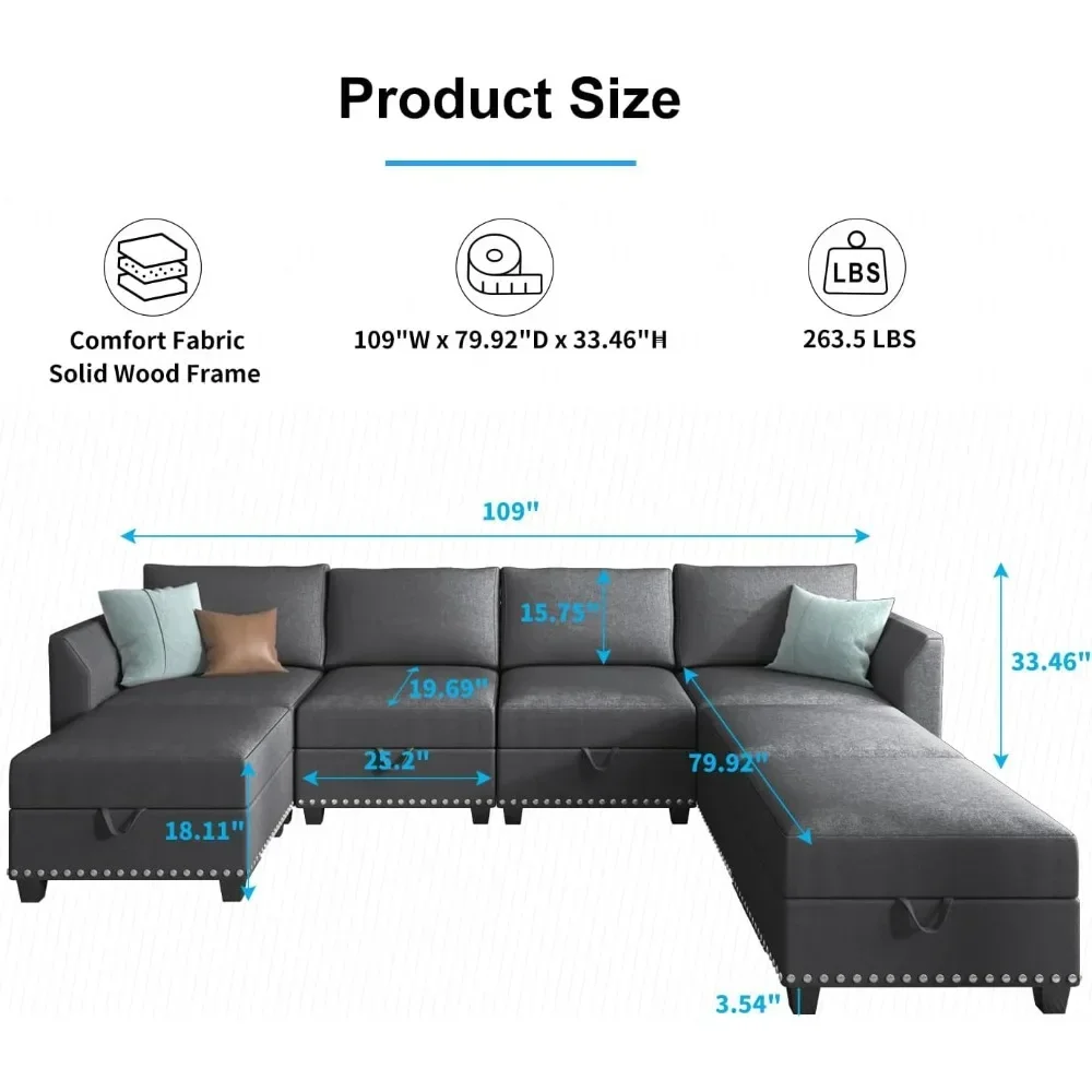 Modular Sectioanl Sofa Couch w Ottoman,7 Seater Convertible L Shaped Couch w Storage Chaise for Apartment Large Linen