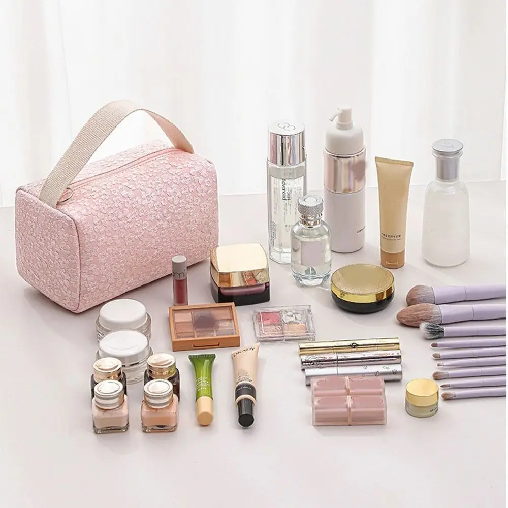 New Polyester Fiber Cosmetic Bag Large Capacity Candy Color Toiletries Bag Floral Zipper Travel Storage Bag Women
