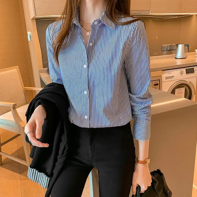 Commute Striped Printed Blouse All-match Spring Autumn Long Sleeve Women\'s Clothing Casual Loose Fashion Single-breasted Shirt