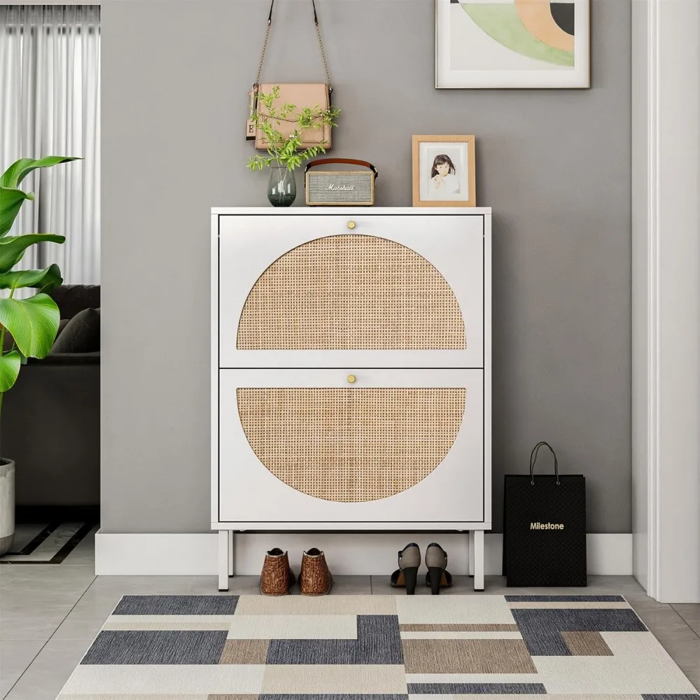 

Shoe Storage Cabinet with 2 Natural Rattan Doors, Freestanding Shoe Rack Organizer with 2 Flip Drawers for Entryway, Narrow Shoe