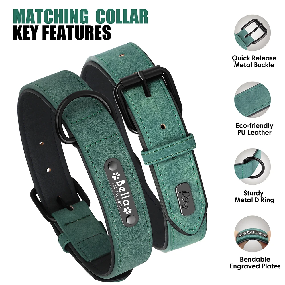 Personalized PU Leather Dog Collar Leash Set Soft Padded Dog Collars Engraved Pet ID Necklace With Lead For Small Large Dogs Pug