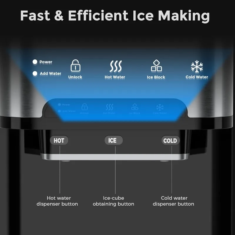 Encimera de máquina para hacer hielo, máquina para hacer hielo portátil 3 en 1 con dispensador de agua fría/caliente, 12 cubos en 7 minutos de acero inoxidable