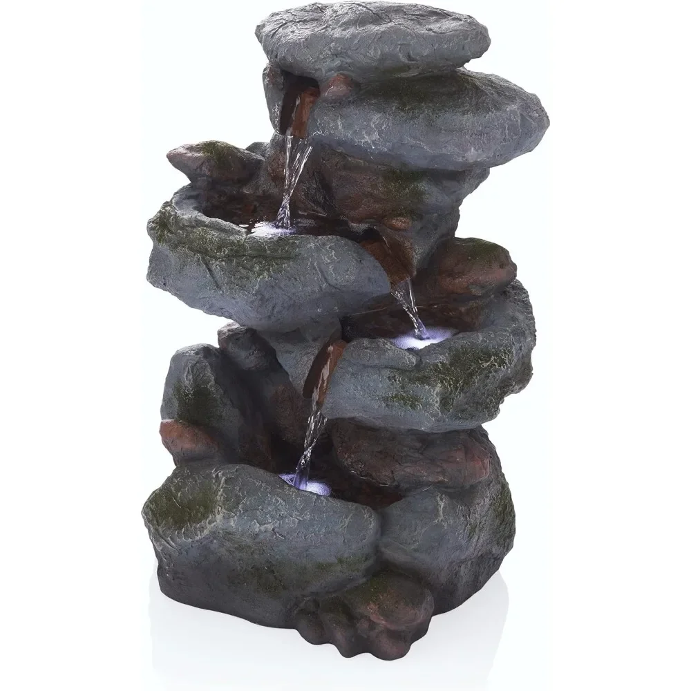 Fonte cascata de rocha de 3 camadas com luzes LED e aparência de pedra natural, 15 polegadas de comprimento x 13 polegadas de largura x 22 polegadas de altura