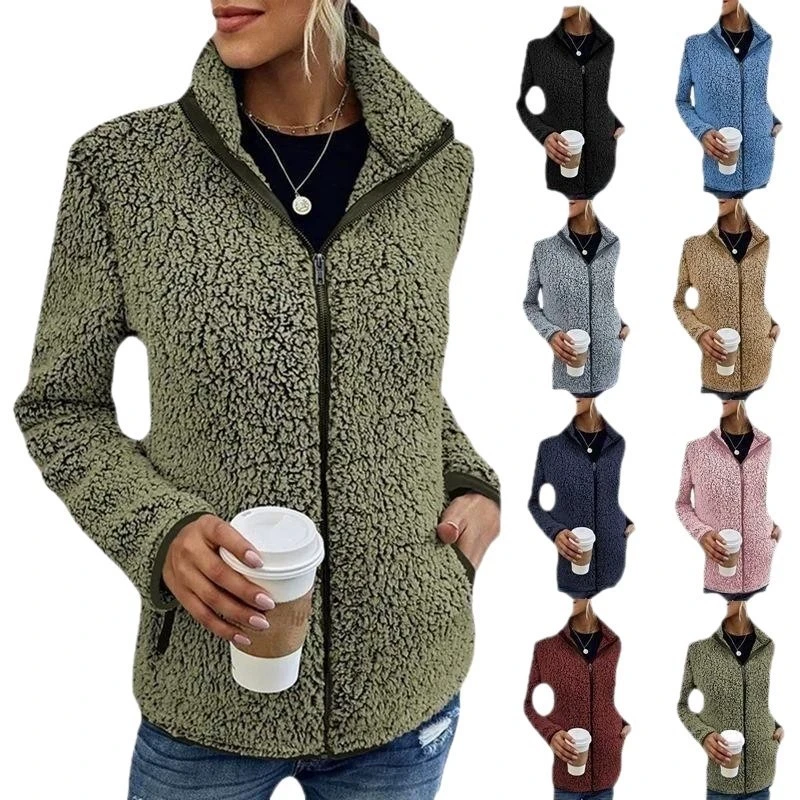 2026 Autumn Winter Women Warm Coats Casual Fashion Long Sleeve Zipper Bubble Velvet Stand Collar Solid Color Sweatshirt Jacket