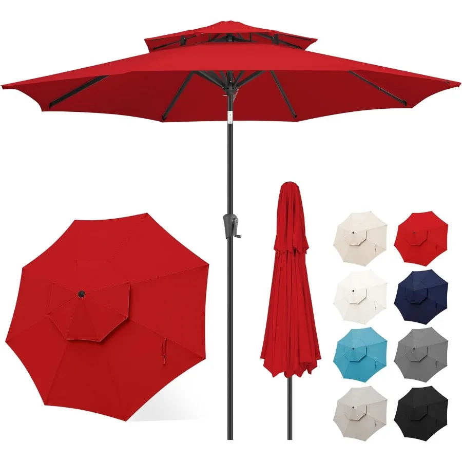 

9ft Patio Umbrella - 2 Tiers Outdoor Umbrella with Push Button Tilt and Crank for UV Protection Table Market Umbrella for Garde