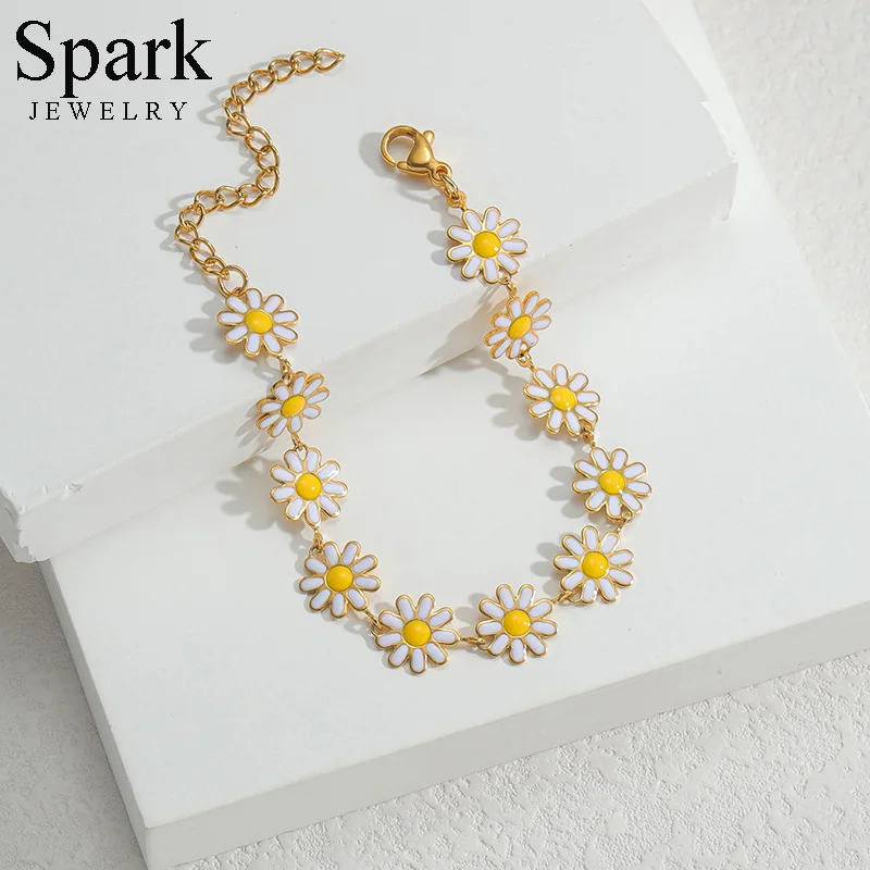 Spark Hot Sell Sunflower Pentagram Pearl Accessories Bracelet Stainless Steel Gold Color For Women Brithday Gift