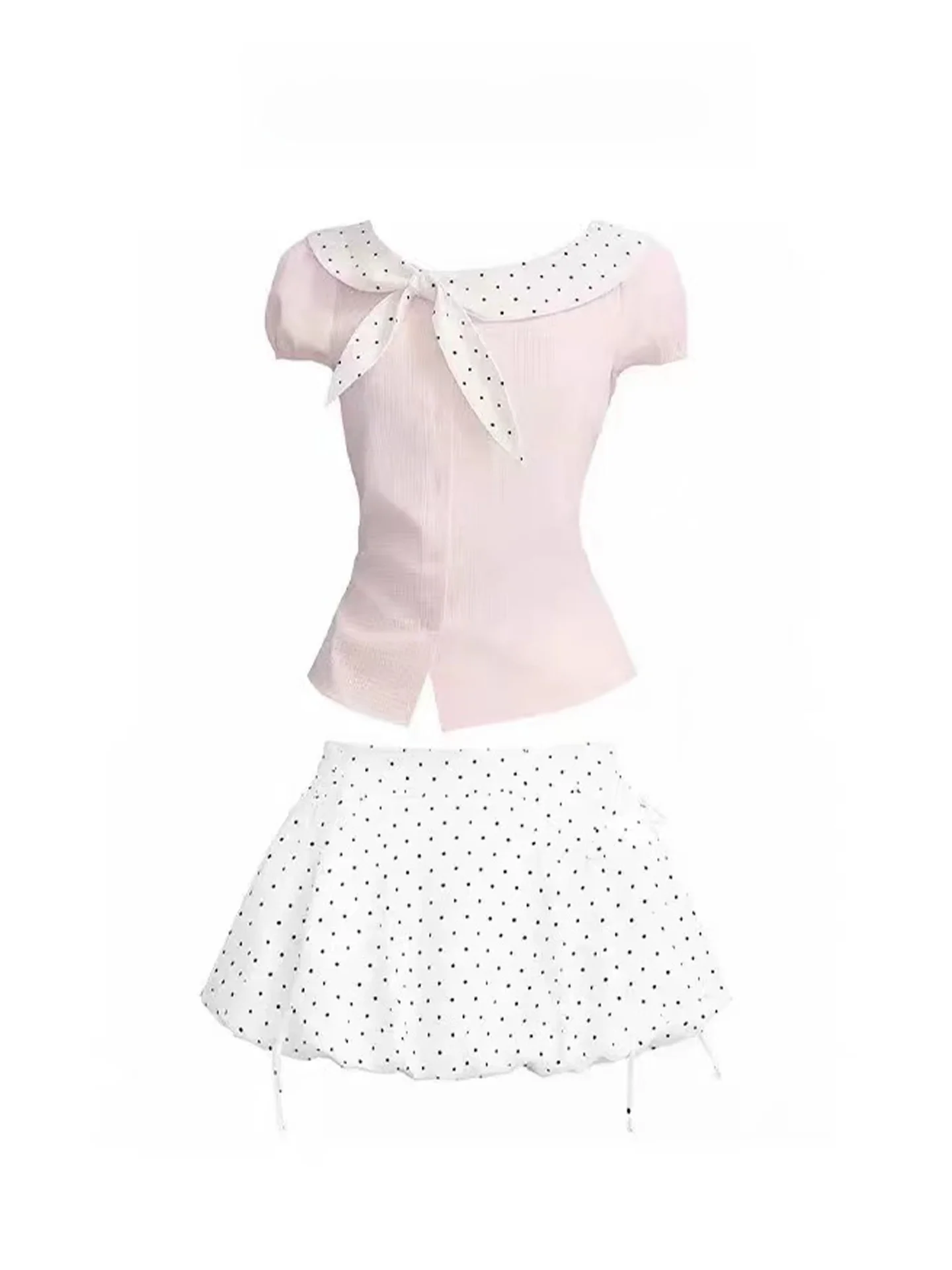 Sweet Polka Dot  Knot Slim Fit Shirt Women Summer Beautiful Cute Bloom Short Skirt Set Asymmetrical Slit Bubble Sleeve