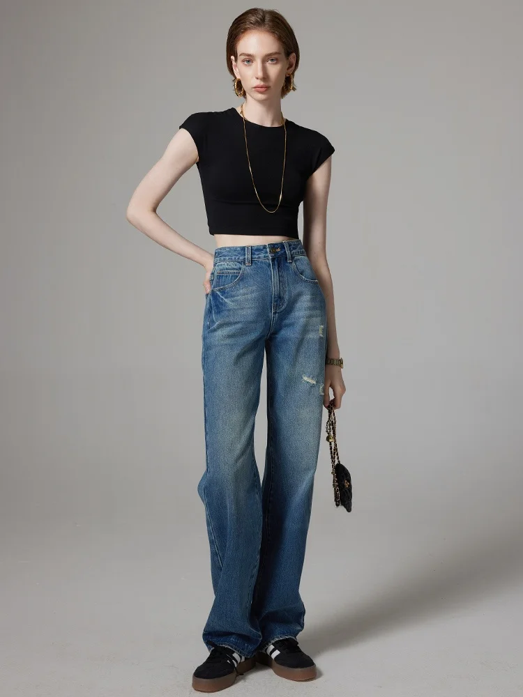 

Lipez Прямые джинсы с высокой талией, женские облегающие джинсы с талией, свободные широкие длинные брюки, повседневные синие джинсы