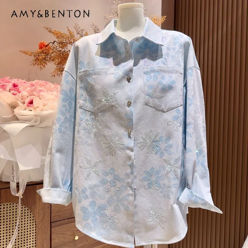 

2026 Spring Heavy Industry Diamond Drills Flower Long-sleeved Denim Shirt Women's Loose Age-reducing Casual Fashion Top Jacket
