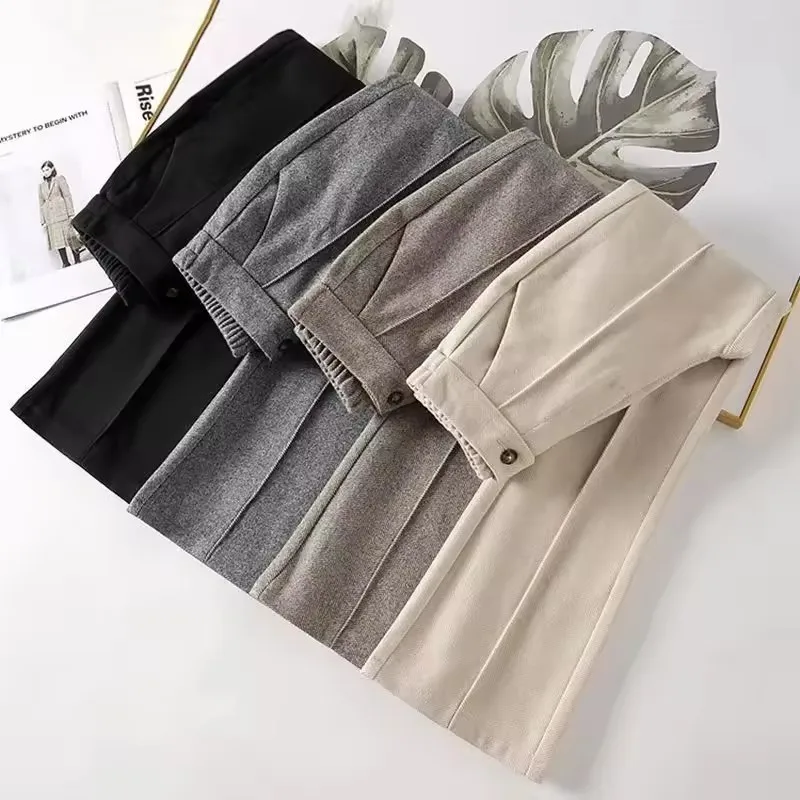 ファッションレディース厚いカジュアルストレートズボン女性ルーズパンタロン秋冬女性ハイウエストウールフレアパンツ ﻿