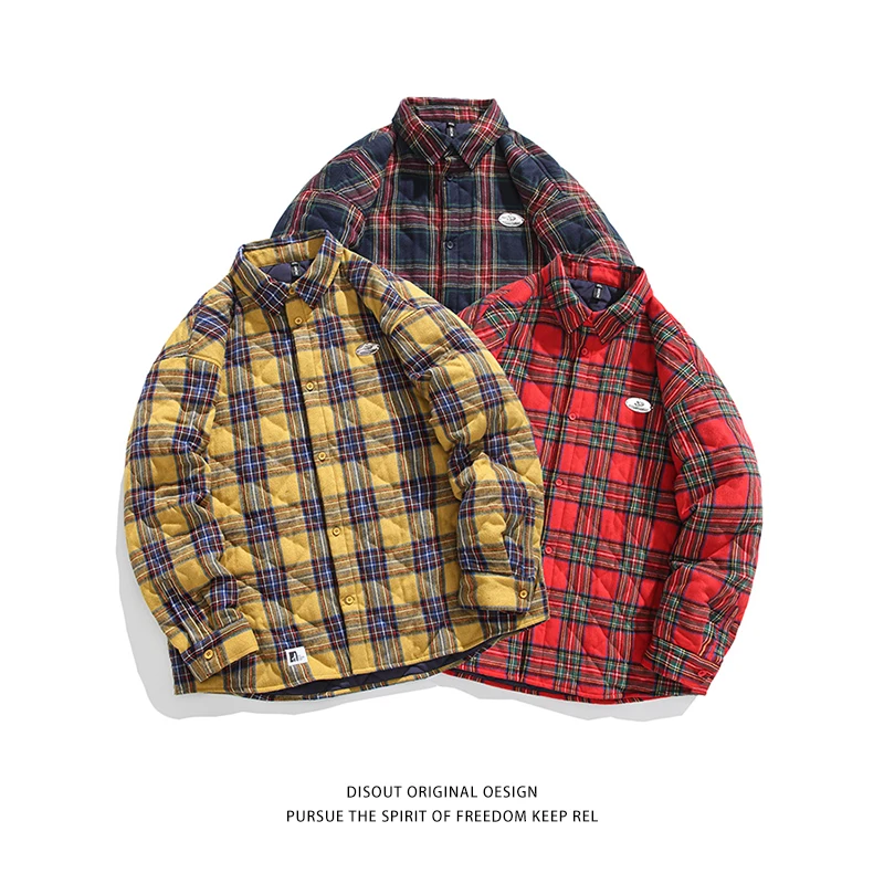 Men Winter Padded Jackets Vintage Plaid Parkas Stand Collar Loose Thick Warm Windbreaker Outerwear