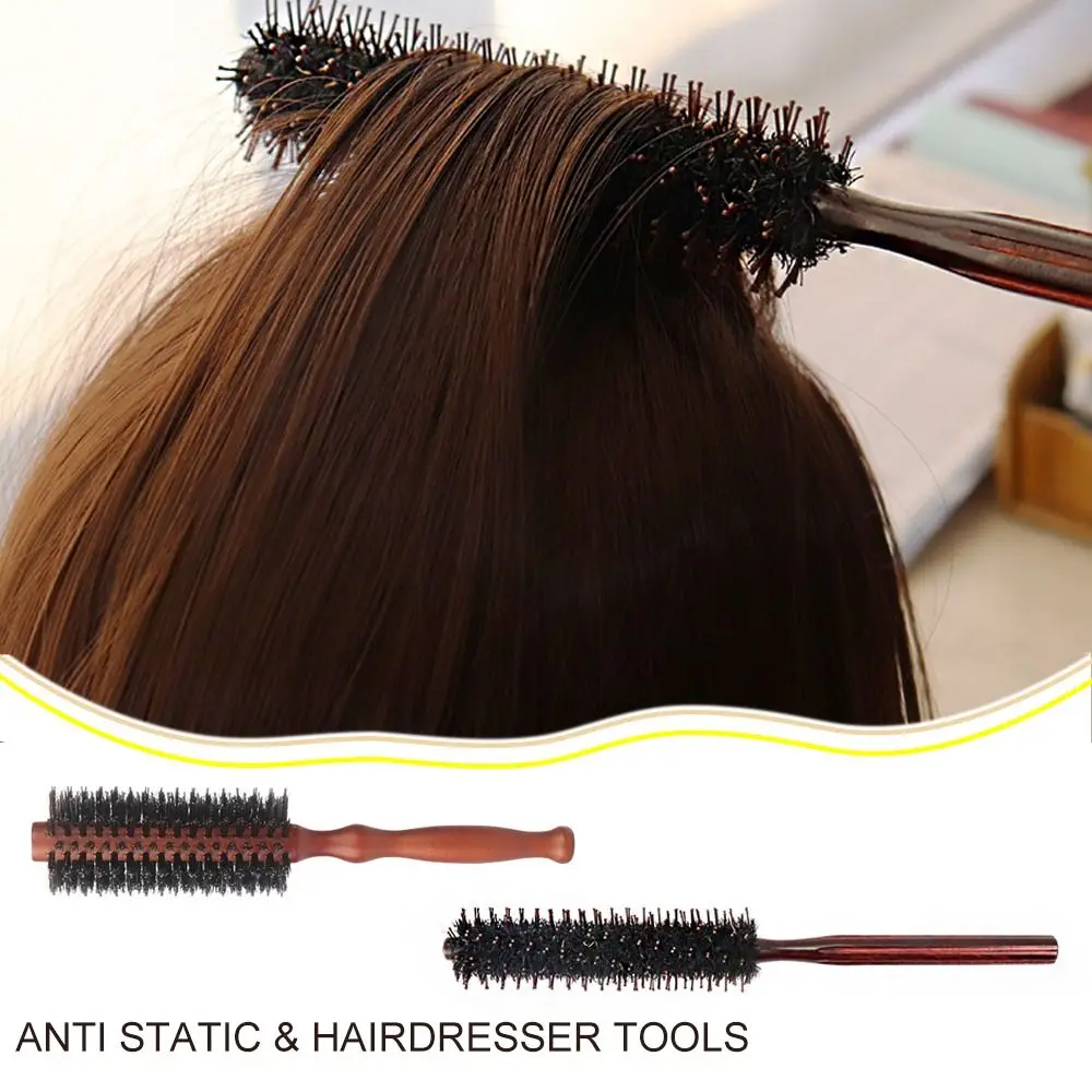 Anti Static Boar Bristle Hair Brush, Small Round Brush Blow Drying Brush Styling Hair Brush with Wooden Handle, Hair Curly Comb