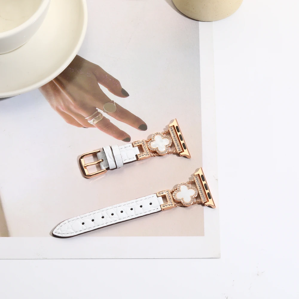 حزام جلد التمساح بأربع أوراق البرسيم متوافق مع ساعة Apple 38-49 ملم لسلسلة IWatch Ultra SE، 1-9