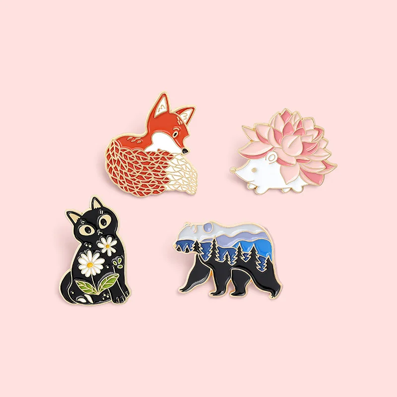 Forest Garden Enamel Pin Custom Fox Cat Bear Hedgehog Brooches Bag Lapel Pin Cartoon Animal Badge Jewelry Gift for Kids Friends
