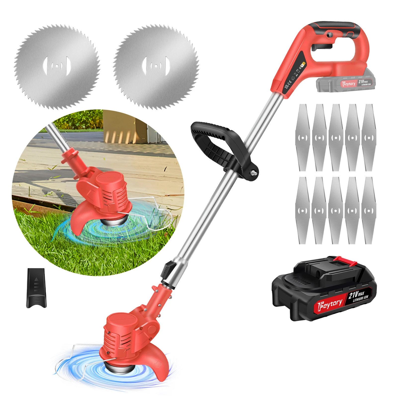 Recortadora de Césped Inalámbrica Eléctrica con Batería, Roja, Cortadora de Césped, 10 Cuchillas Metálicas, 2 Discos de Sierra, Herramienta de Jardinería para Podar, Recortadora Telescópica Ligera para Maleza y Setos, Recortadora de Bordes para Jardín, Eliminación de Maleza, Árboles y Flores