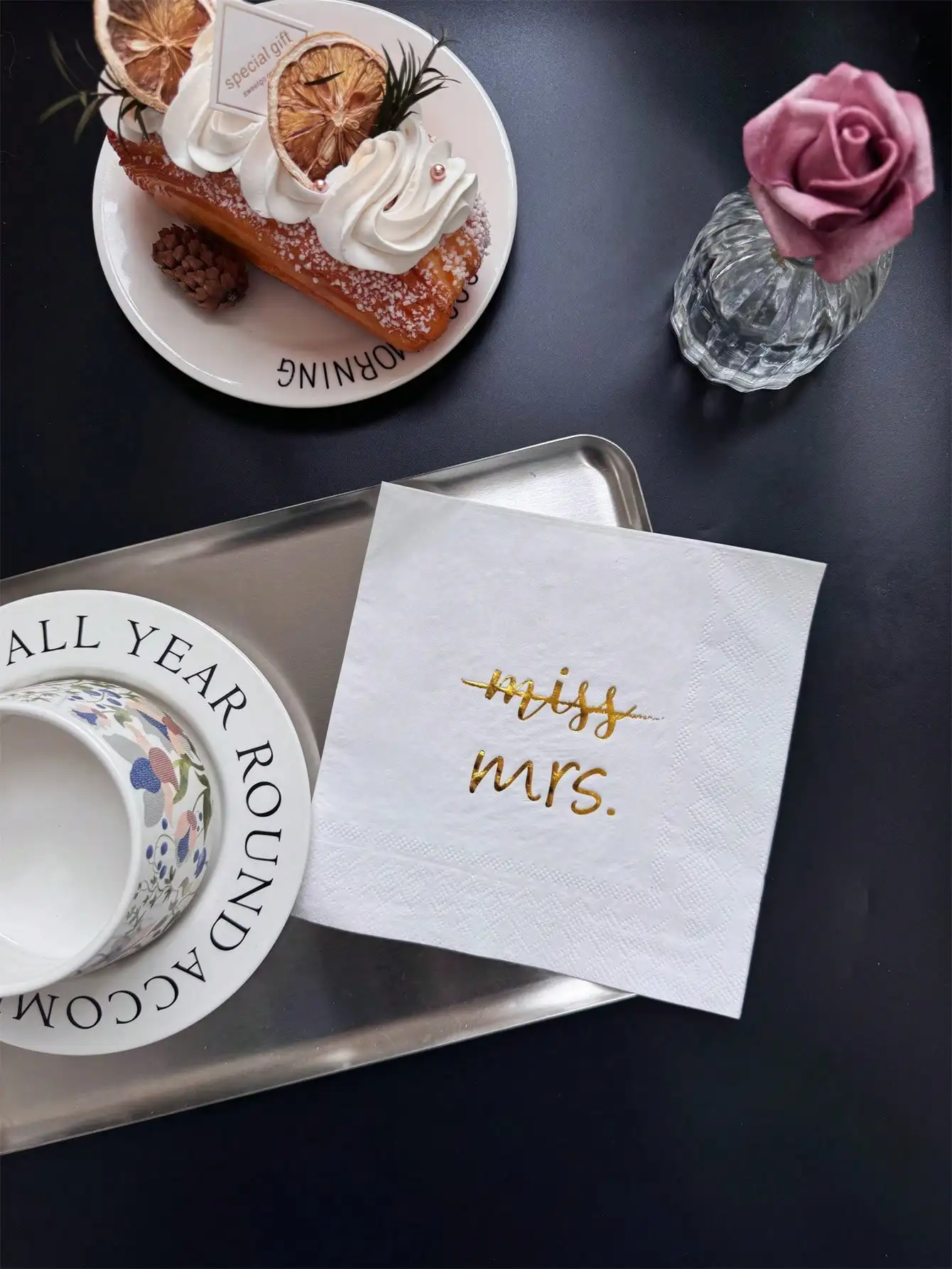 

16pcs White Paper Napkins with Gold Foil 'miss mrs' Script, 13x13 Inch, Wedding Party Table Decor