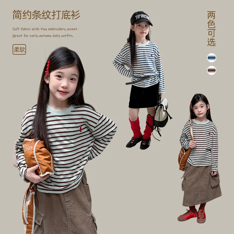 New Children's Clothing for Girls Simple Striped Base Shirt Early Autumn Cute Embroidered Pear-shaped Long-sleeved T-shirt Top