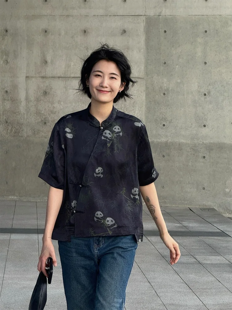 

New Chinese Sle Stand Collar ort Sve irt Women Summer Thin Print T-irt National Sle Button up Top Langqing Tong