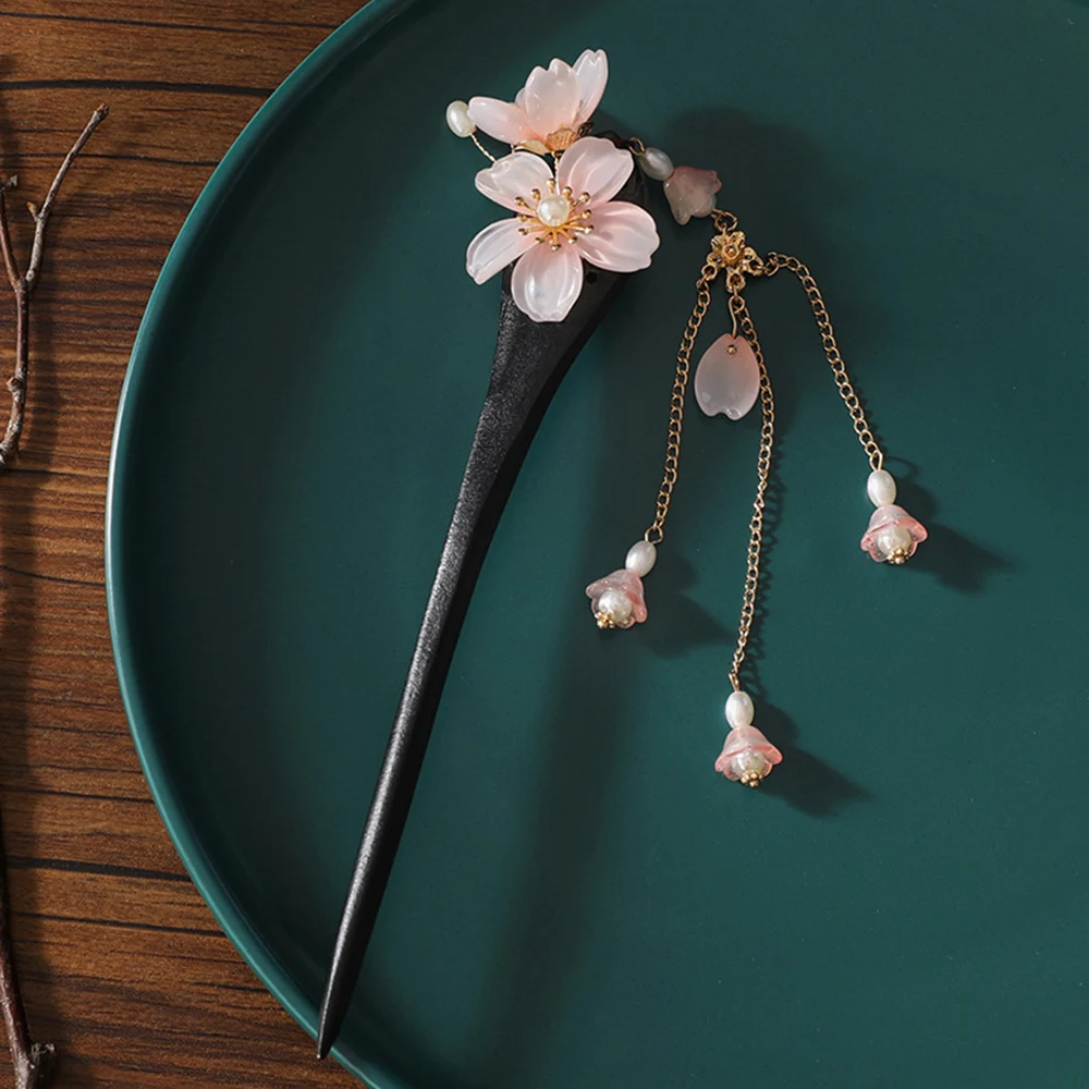 Chinese Hair Stick Flower Tassel Hairpin Sandalwood Ancient Girls Hair Bun Forks Chopsticks Vintage Hanfu Headpiece Hair Jewelry