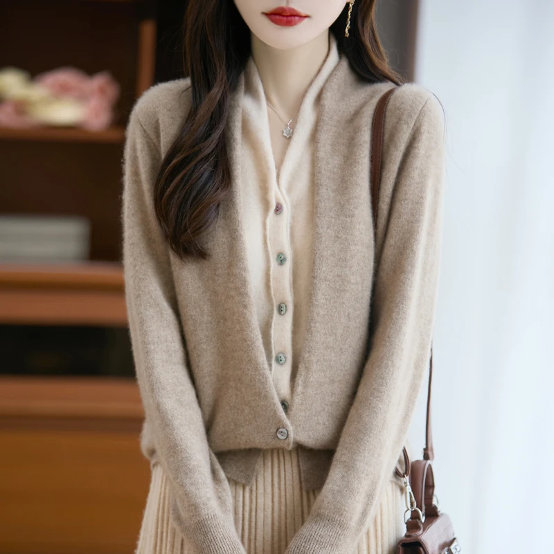 

French Style Graceful Women 100% Merino Wool Sweater Fake Two-Pieces V-neck Cardigan Tops Comfy Autumn Winter Warm Knit Blouse