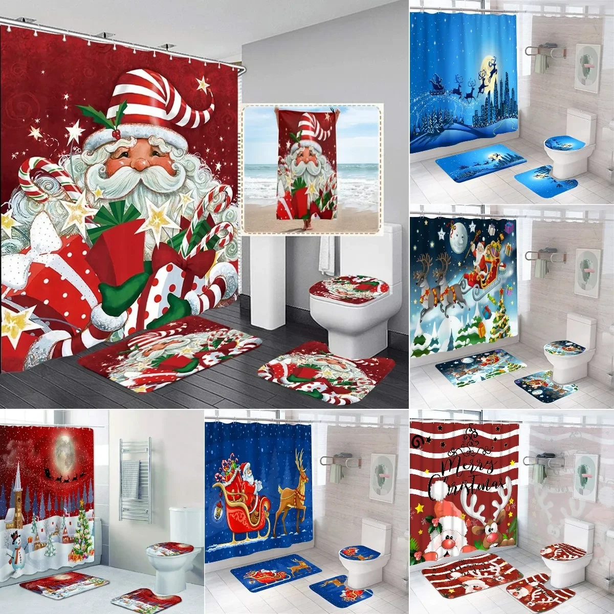 Blue Cartoon Santa Printed Christmas Shower Curtain Set Bathroom Decor Elk Toilet Bath Mat Rugs Carpets WC Accessories