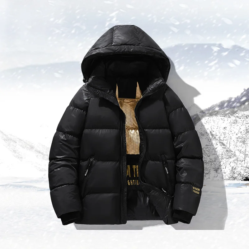 Casaco de algodão na moda para homens inverno engrossado jaqueta puffer com capuz manga longa jaqueta com zíper cor sólida parka à prova vento