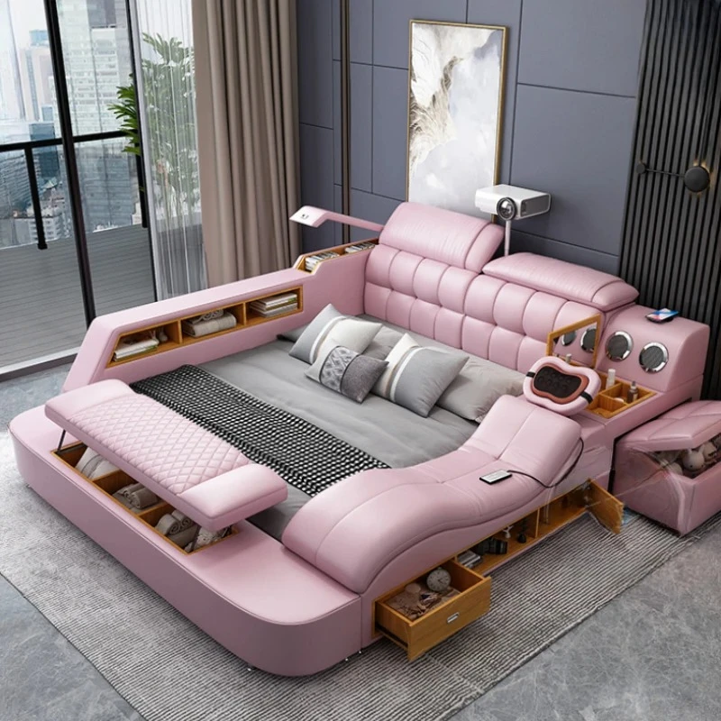 

High End Storage Aesthetic Bed Frame Modern Modular Master Leather Double Bed Frame Multifunctional Cama Casal Bedroom Furniture