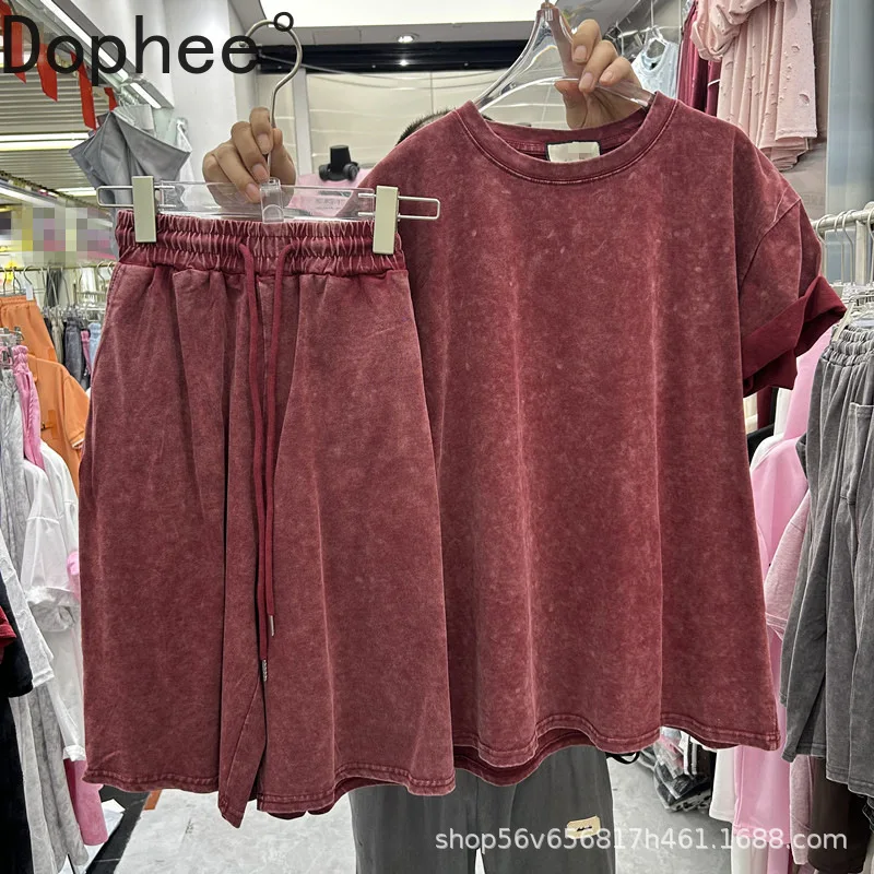 

American Vintage Casual Sports Sets Solid Color Loose O-neck Short Sleeve T-shirt Top + Elastic Waist Wide Leg Knee-length Pants