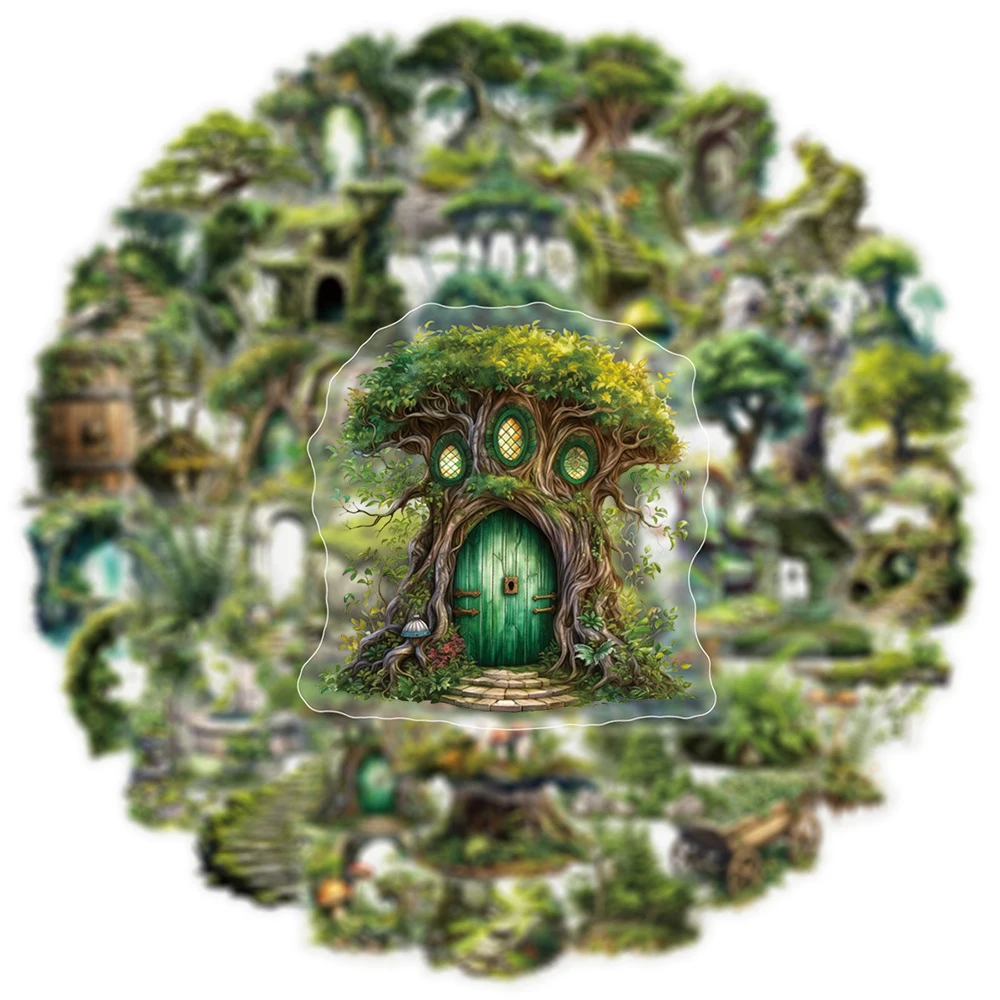 10/30/50 unidades de pegatinas transparentes con motivos de bosque, de color verde, con diseños de plantas y árboles, estilo vintage, para decorar fundas de teléfono, portátiles, tabletas, diarios y juguetes.