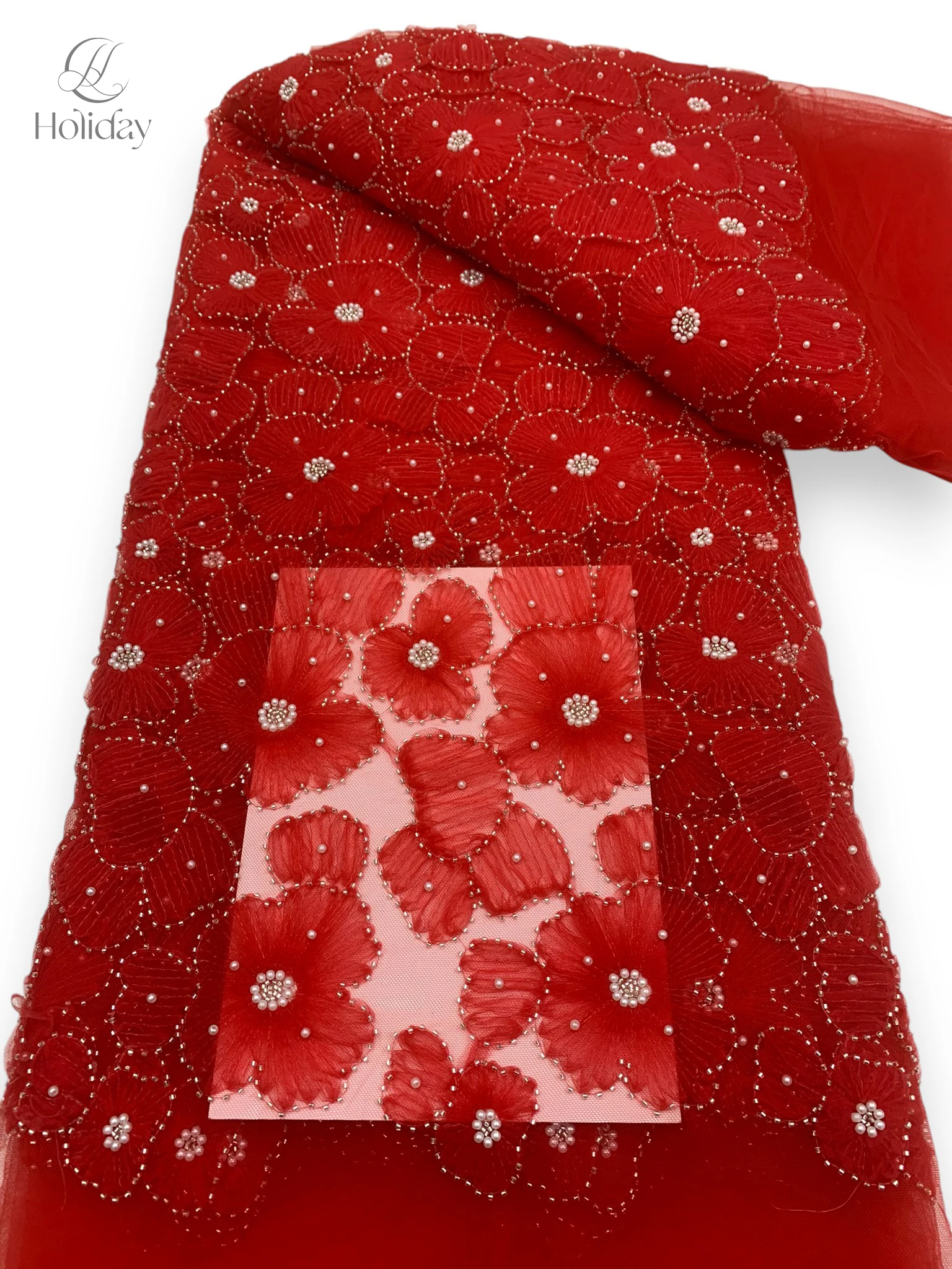 Latest High Quality Flower Lace Fabrics 3D Embroidered Beads Fabric for Party Bridal Lace Sewing Materials Colour Tulle Fabric