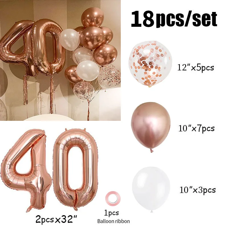 18pcs 32inch Rose Gold Number Foil Balloons Happy Birthday Party Decorations Adult Kids 10 14 15 25 30 35 40 50 60 70 Year Old