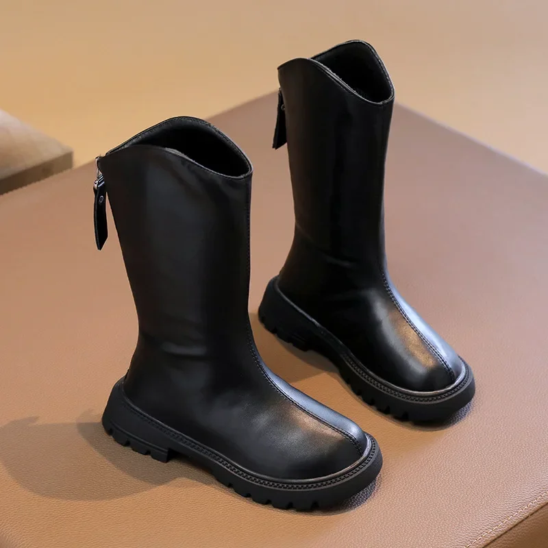 2024 New Children's Fashion Boots Solid Color Simple Girls Causal Long Boots Versatile Black Brown Kids Princess Leather Boots