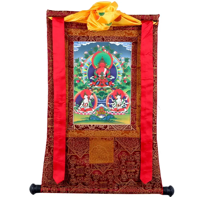 Longevity Three Buddha Portrait Thangka Mural Tibetan Buddhism Double Mounting Painting Heart