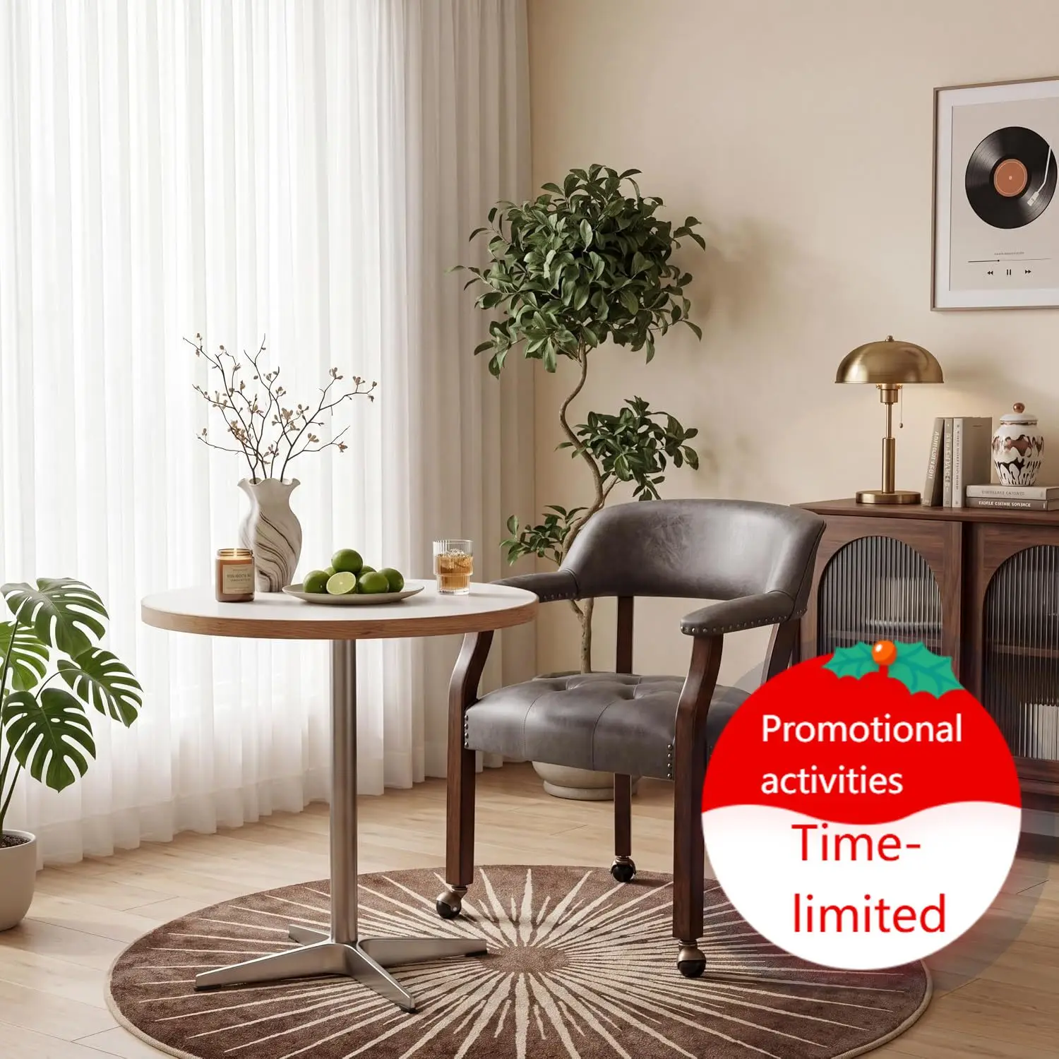 Dining Chairs with Casters and Arms, Upholstered Rolling Dining Chairs with Wheels for Elderly, Ergonomic Wide Seat Wooden Offic