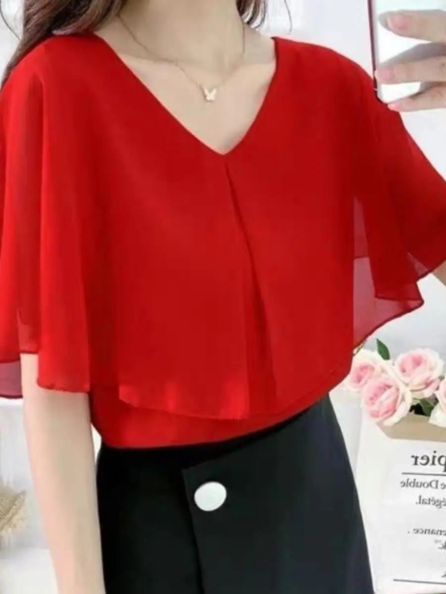 Loose Women's Summer New Style Large Size round Neck Short Sleeve Chiffon Top Korean Version with Lace Trim Versatile Fashion...