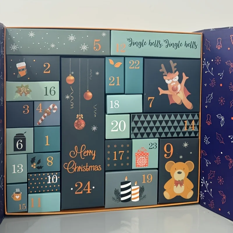 تقويم مجيء عيد الميلاد مع 24 صندوق كنز من الورق المقوى، تقويم العد التنازلي الفارغ لعيد الميلاد لملء تخزين تقويم القدوم