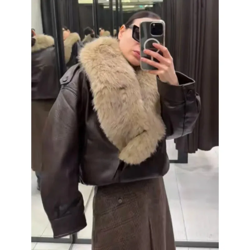 แจ็คเก็ตหนังผู้หญิงสไตล์วินเทจ ปกขนสัตว์ คอวี แขนยาว กระดุมสองแถว แจ็คเก็ตบอมเบอร์ แฟชั่นฤดูหนาว สไตล์ไฮสตรีท