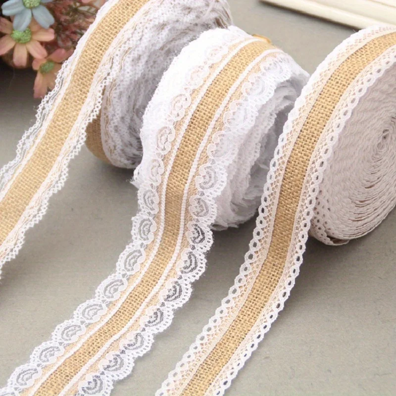 Cinta de arpillera con borde de encaje blanco de yute natural, 2 metros/lote, decoración, boda clásica, campestre, 25 mm, para centros de mesa