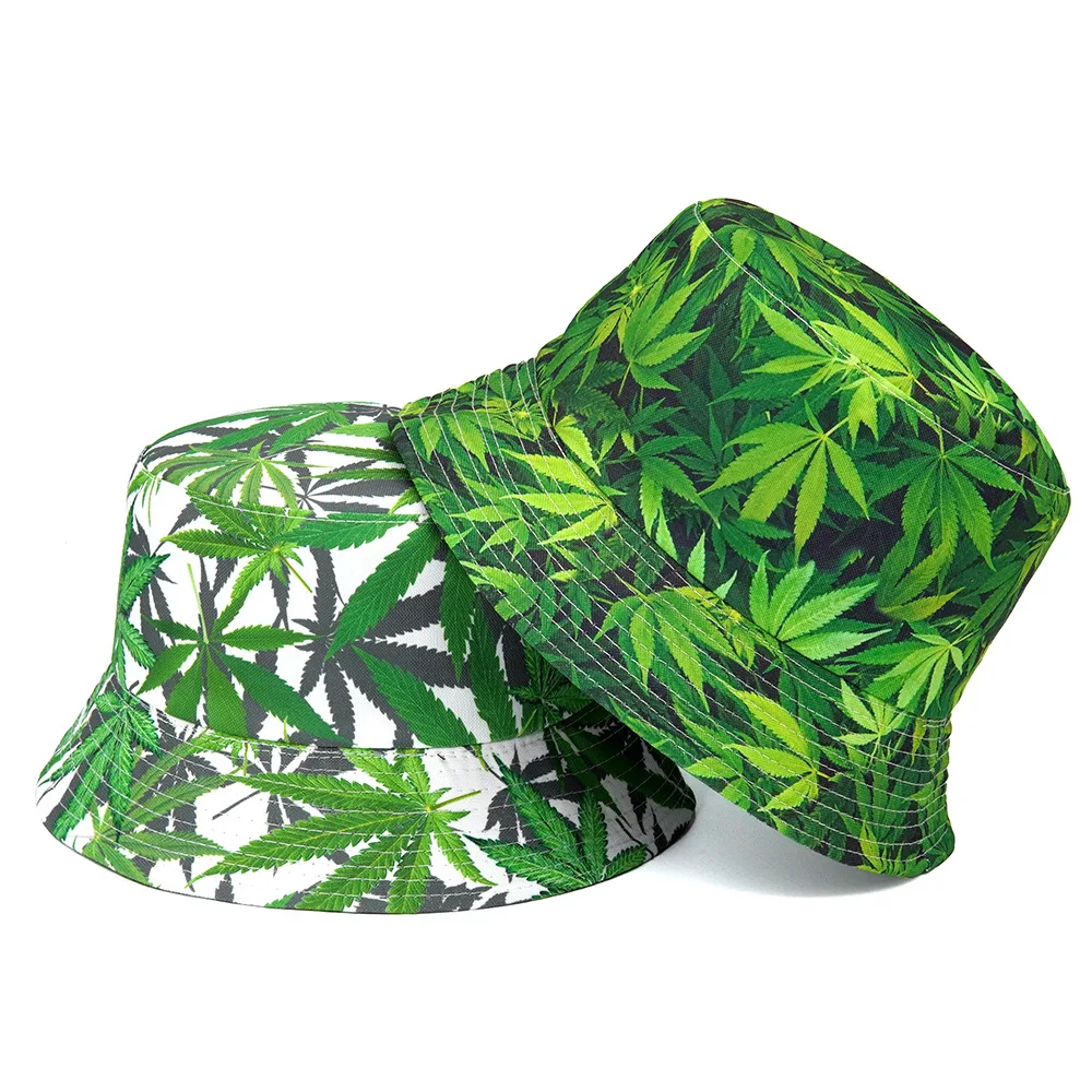 2022 Green Maple Leaf Print Bucket Hat Women Men Hip Hop Cap Leaf Panama Hat Sun Flat Top Fisherman Hats Caps Boonie Gift