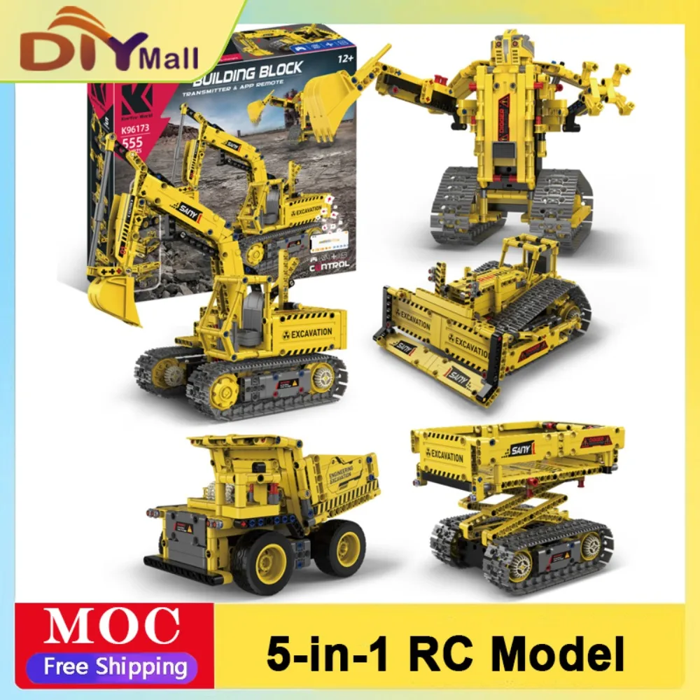 K96173 555pcs 5-in-1 Engineering Vehicle Kit App-Controlled STEM Building Set with RC Programmable Features STEM Education Toy