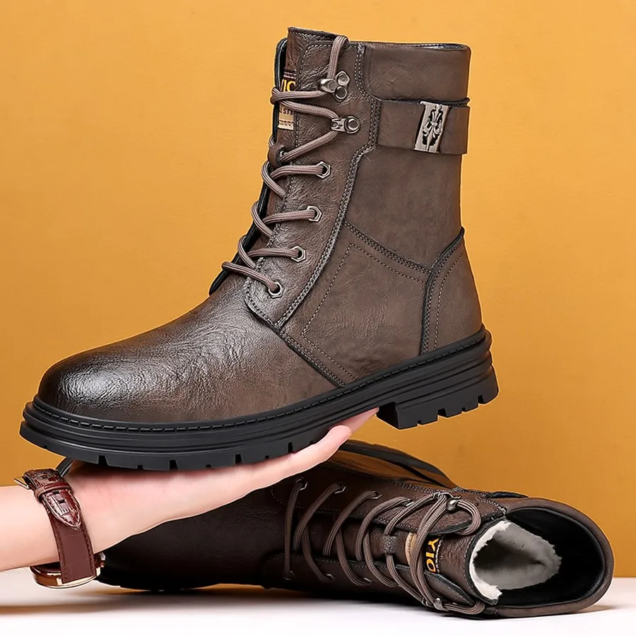 Herren-Winterstiefeletten, Schnürstiefel mit hohem Schaft und verstellbarer Schnalle, strapazierfähige Sohle für Wanderungen und Freizeitkleidung. – Detail 12