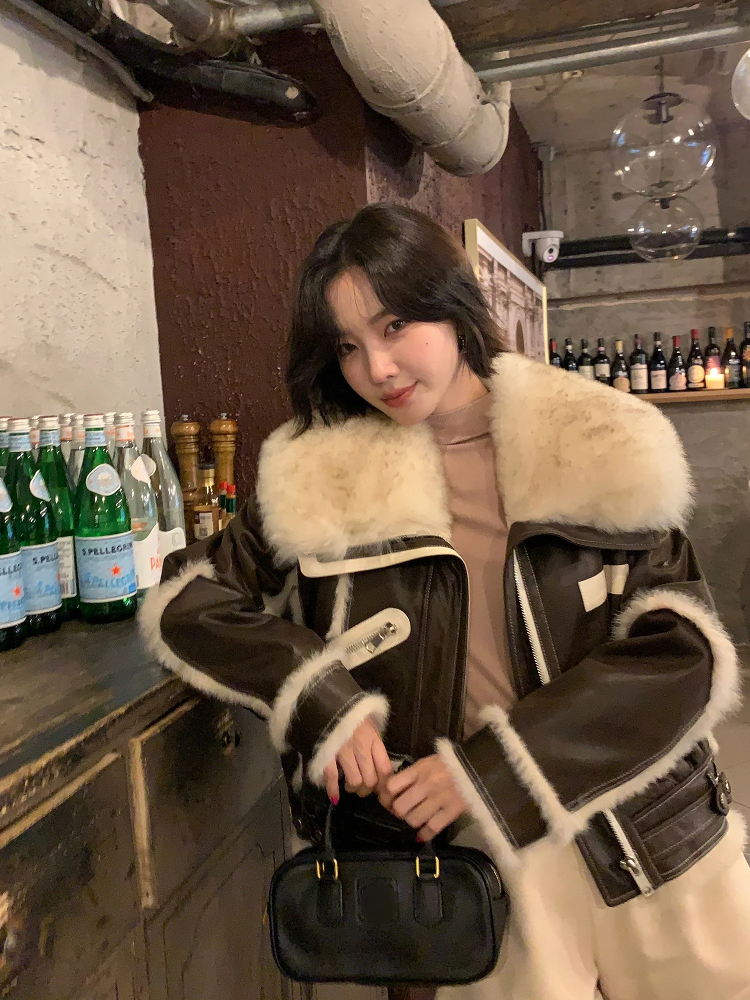 

Menschenborg Women's ort Rabbit Fur Leather Jaet Inteated Wool Outerwear Coat 2025 New Sle Winter Long Sve Commute