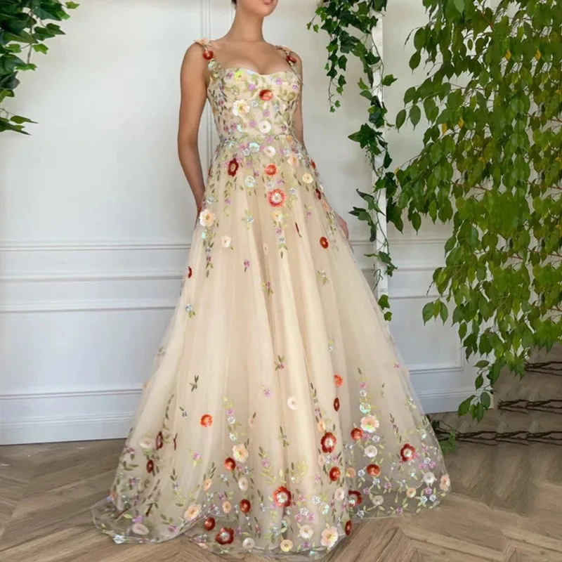 Customized Customized Sweet Floral Appliques Prom Gown Sweetheart Lace Tulle Long A-Line Cocktail Dress Spaghetti Strap Sleevele