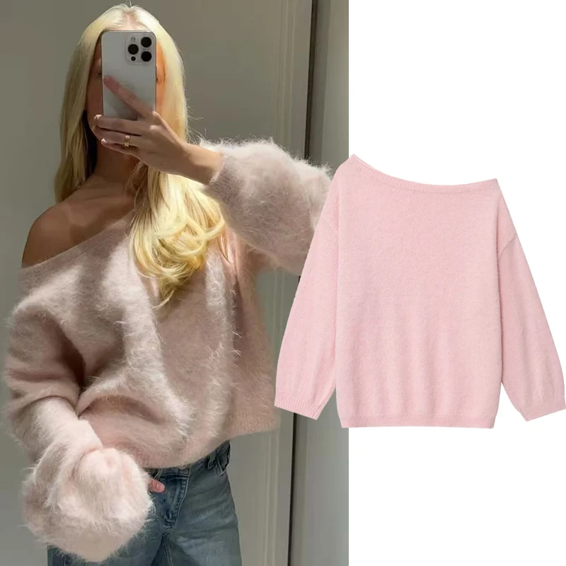

Autumn Winter Off Shoulder Slash Neck Pullover Sweater Women Fluffy Long Sleeve Loose Knitted Top Female Gentle Sweet Wear 2025