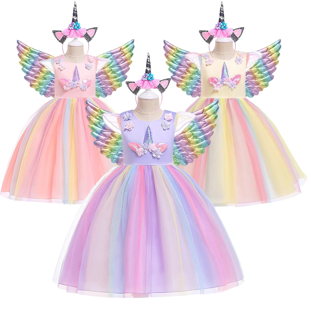 Party Gilrs Unicorn Tutu Dress Cosplay Costume For Girls Dress Up Rainbow Tulle Puff Sleeve Cham Halloween Dress 3-10 Years