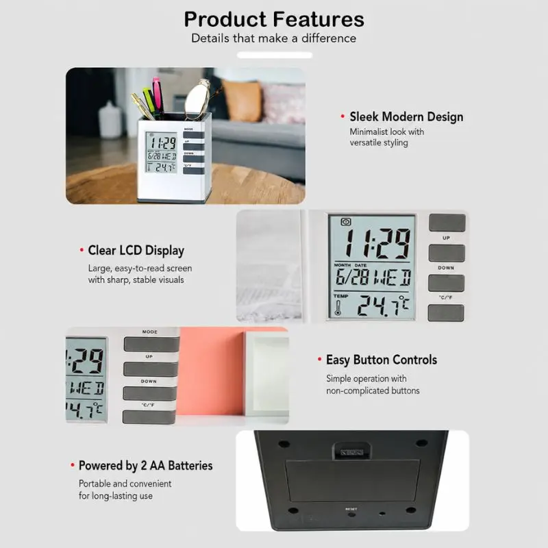 Visual Digital Backlight LCD Pen Holder Alarm Clock with Date Time and Temperature Function for Office